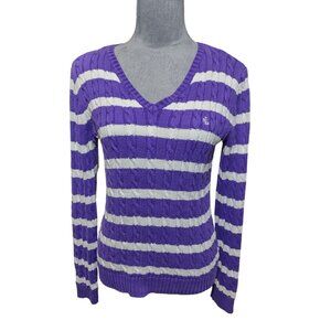 Lauren Ralph Lauren Sweater Cableknit Vneck Purple Cream Stripe Retro Small